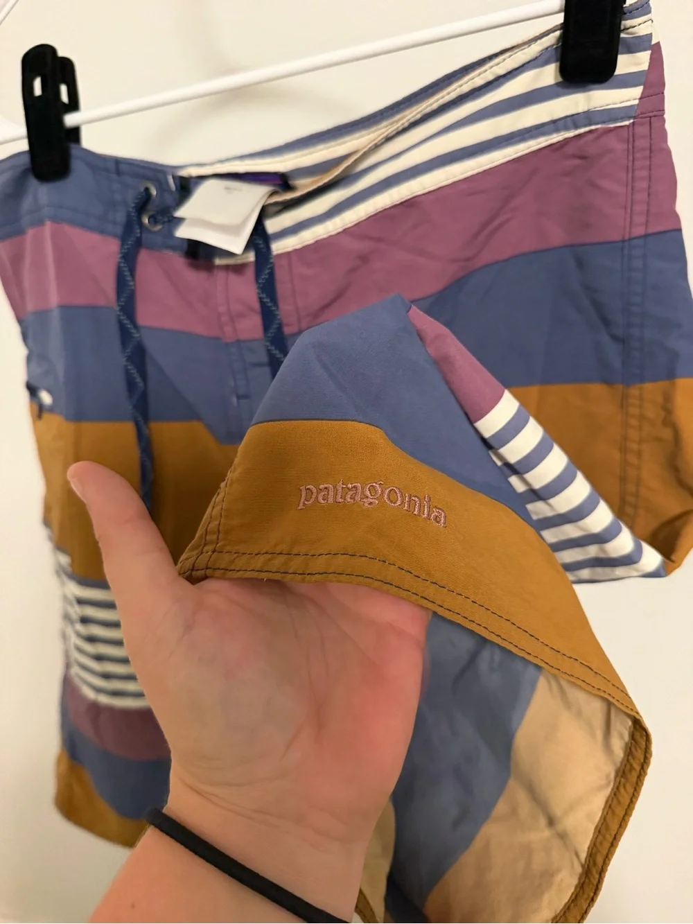 Patagonia Men’s Striped Board Shorts — Blue, Mauve, Mustard